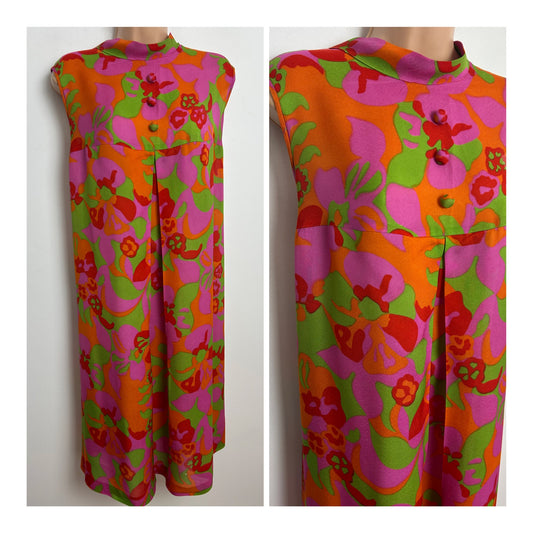 Vintage 1960s Size 14 Pink Orange Green & Red Psychedelic Floral Print Baby Doll Style Mod Dress