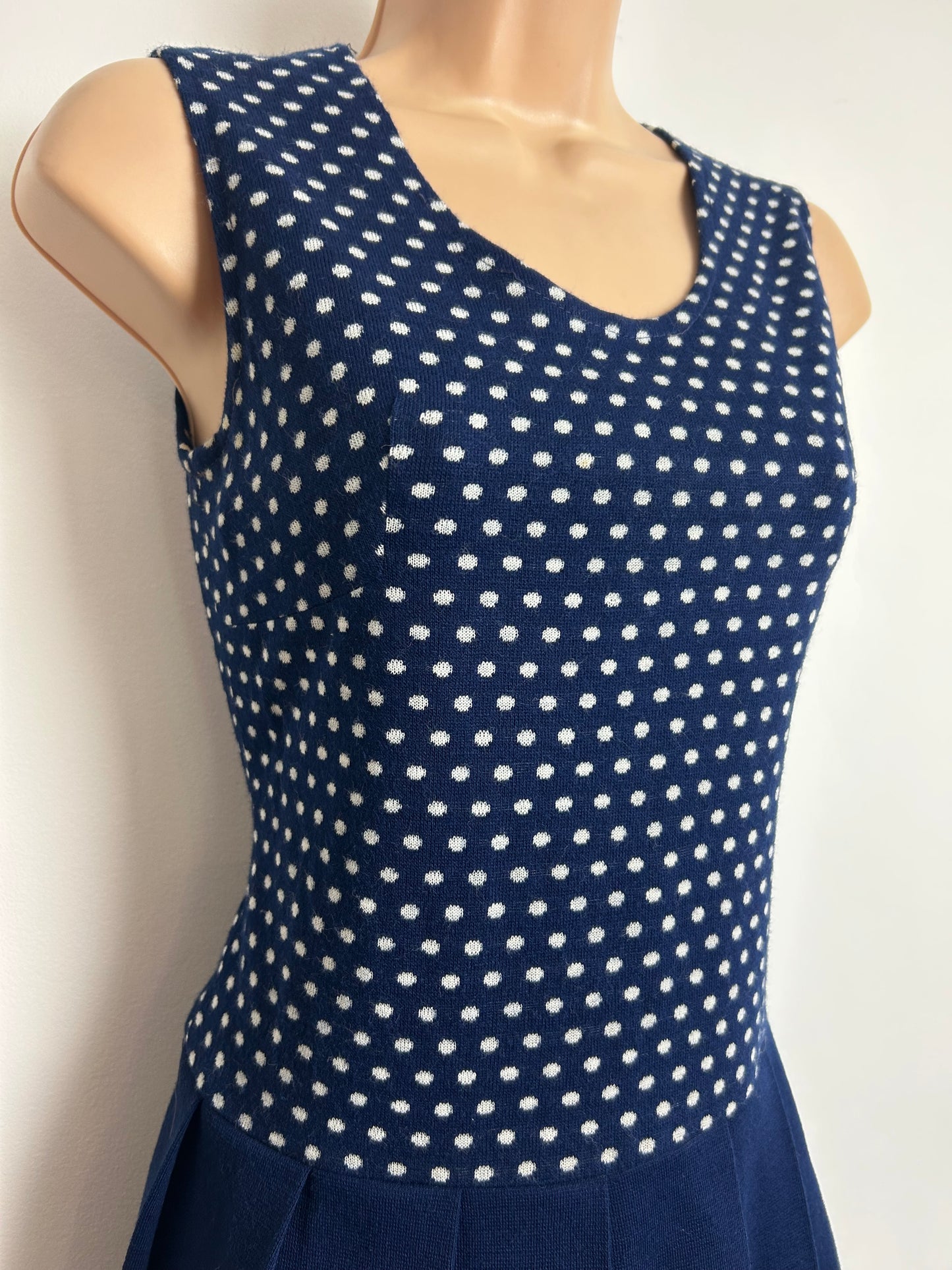 Vintage 1960s Size 8 Navy Blue Polka Dot Pleated Mini Mod Suit: Dress & Matching Jacket