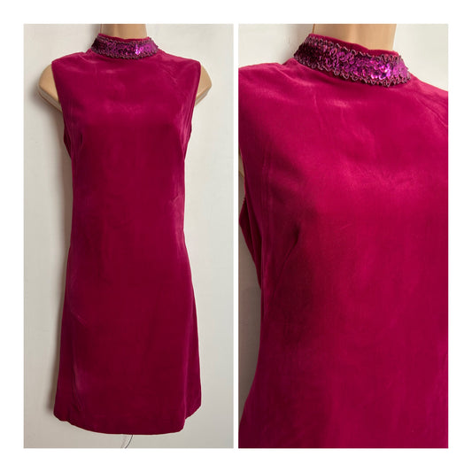 Vintage 1960s UK Size 12 Raspberry Red Velvet Sequin & Braid Trim Evening Shift Dress