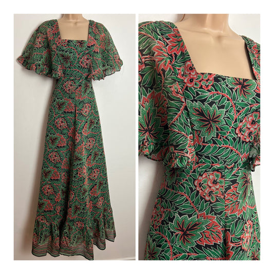 Vintage 1970s UK Size 8 Black Green & Orange Floral & Leaf Print Short Flared Sleeve Cotton Mix Boho Maxi Dress