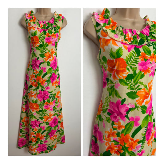 Vintage 1970s MADE IN HAWAII Size 8 Beige Orange Pink & Green Floral Print Hawaiian Summer Maxi Dress