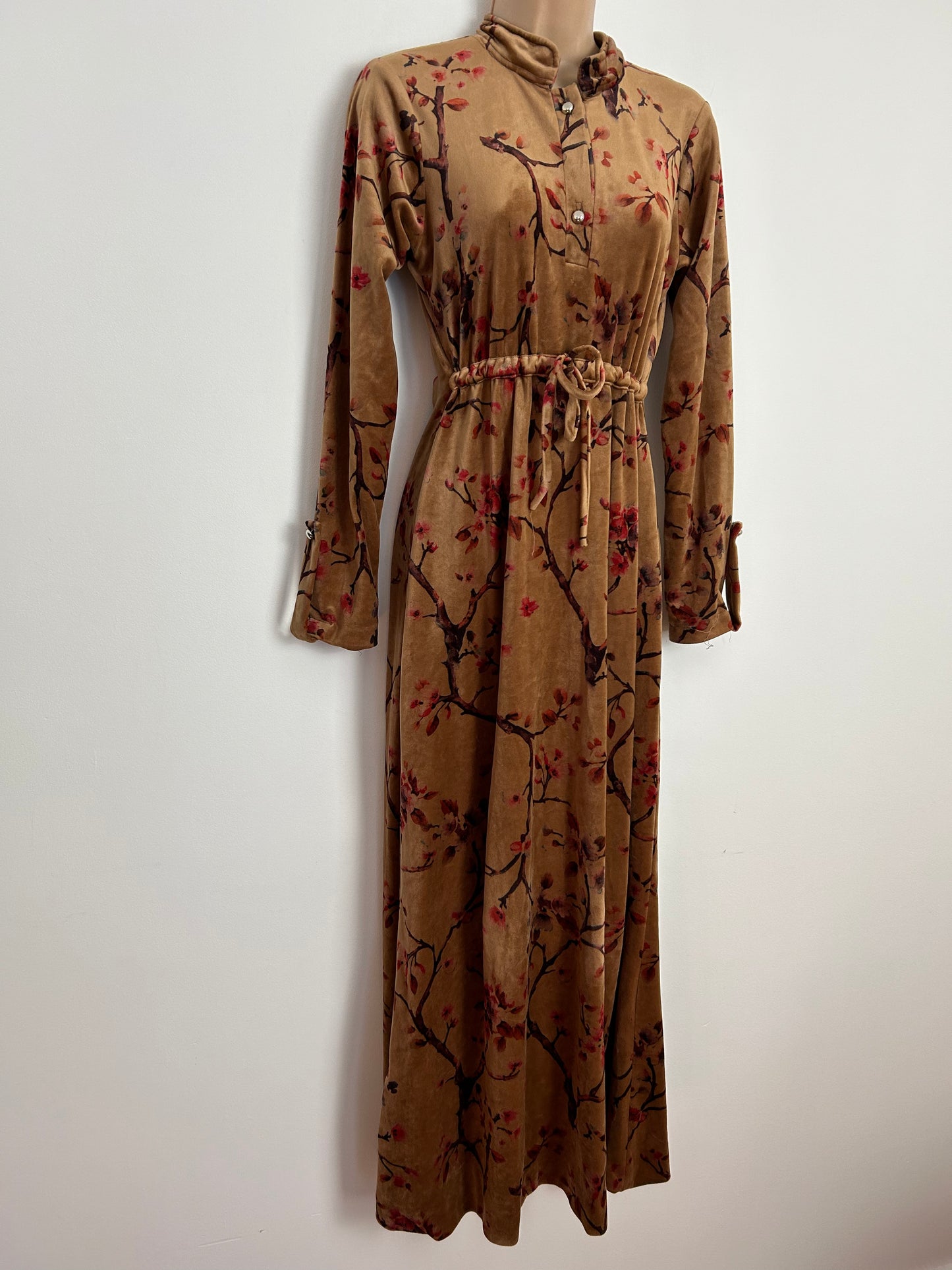 Vintage 1970s Homemade UK Size 8-10 Sandy Beige Blossom Floral Print Long Sleeve Pull Tie Waist Velour Boho Maxi Dress