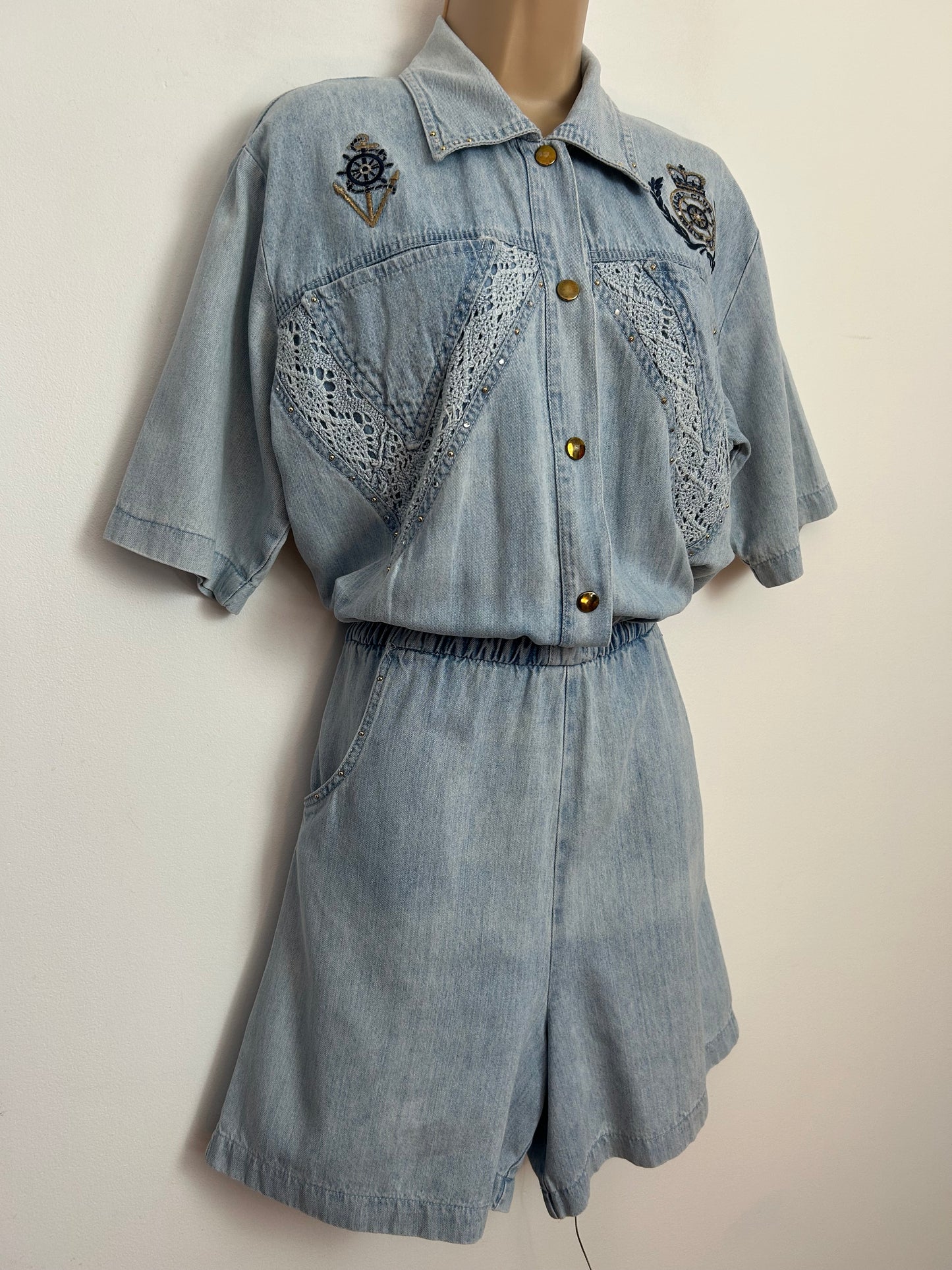 Vintage 1980s RARE ST DENIS Size 12 Pale Stonewash Denim Nautical Applique Detail Playsuit