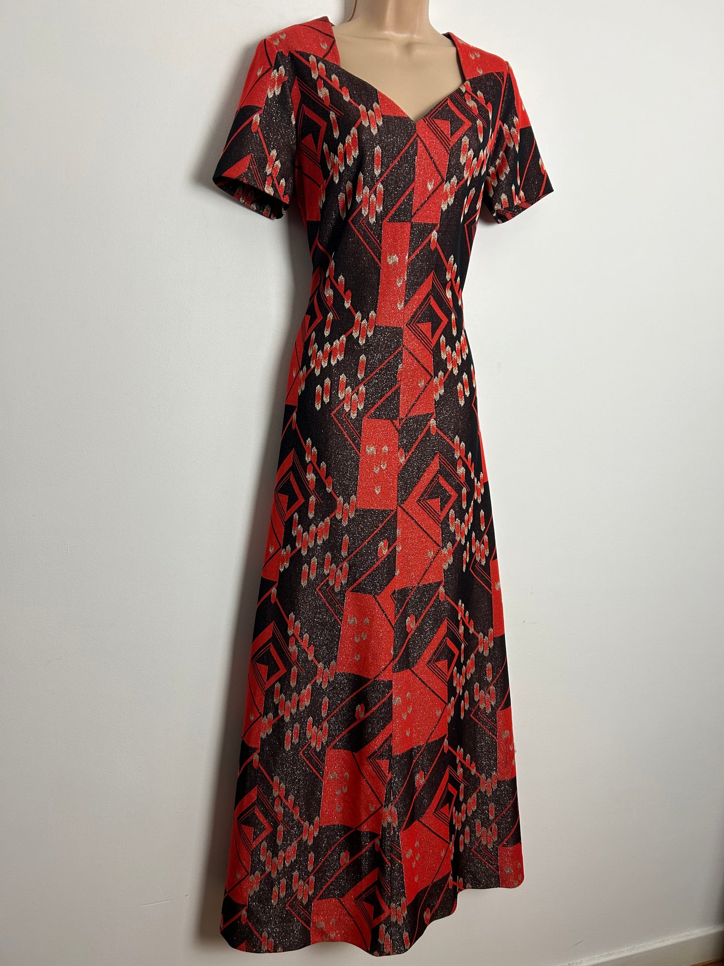 Vintage 1970s UK Size 12 Red Dark Brown Silver & Gold Abstract Geo Print Lurex Occasion Evening Maxi Dress