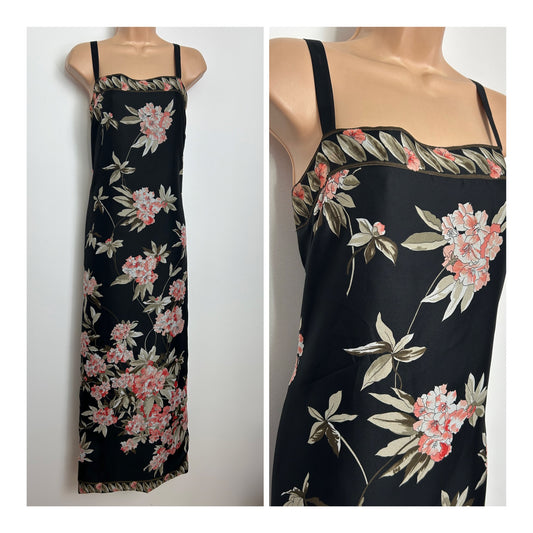 Vintage 1970s L.V COUTURE Size 6 Black Beige & Coral Floral Print Column Maxi Dress