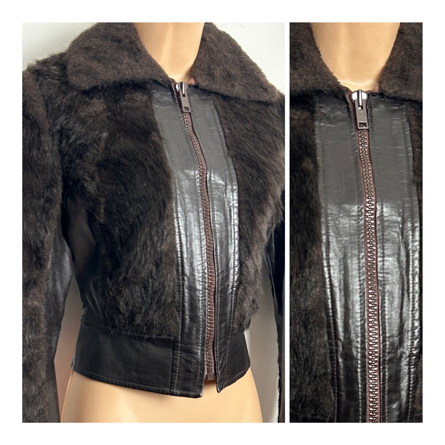 Vintage 1980s SCAN Size 10 Brown Faux Leather & Faux Fur Cropped Zip Up Jacket