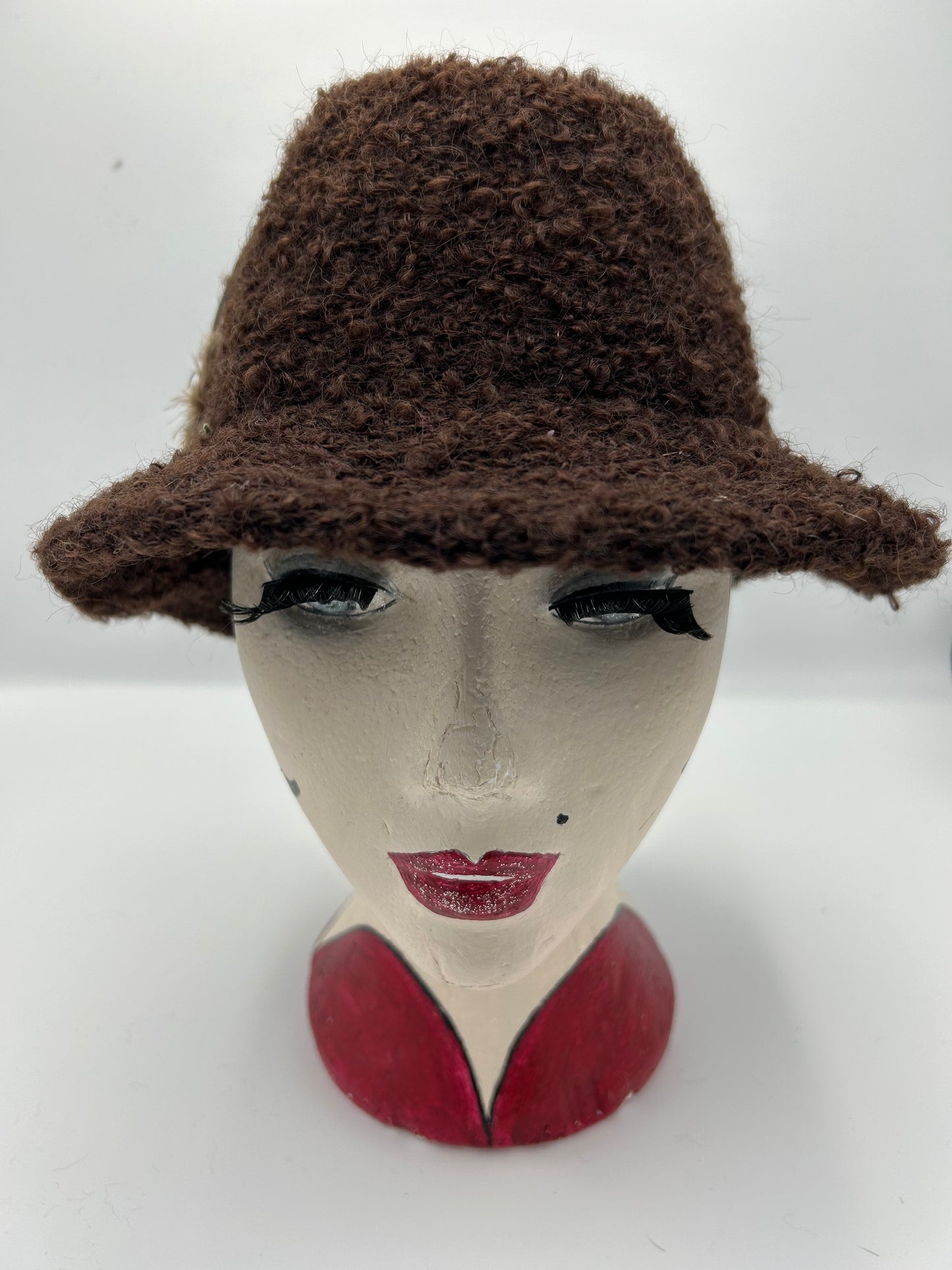 Vintage 1970s Chocolate Brown Boucle Wool Pheasant Feather Trilby Style Hat