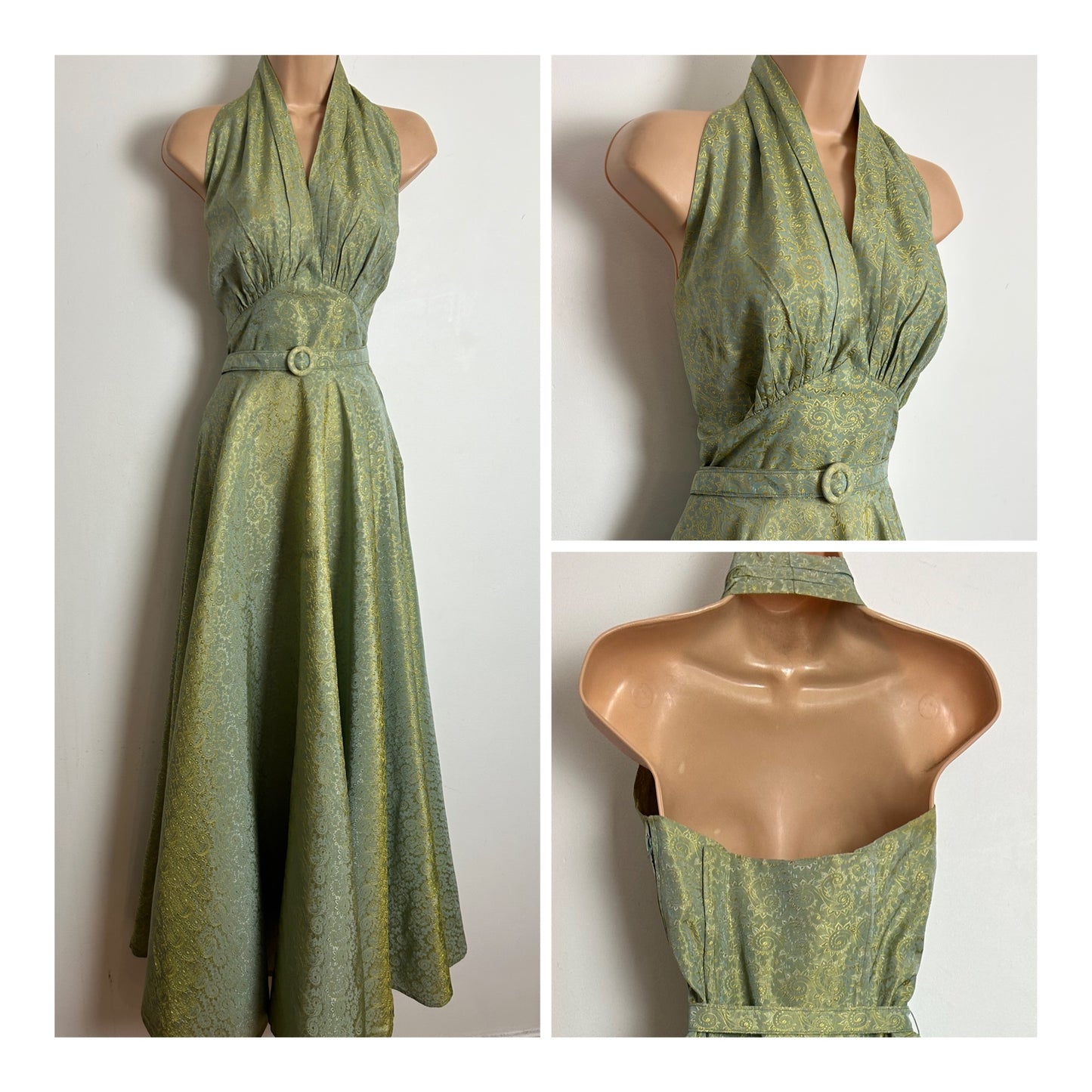 Vintage 1940s Size 8 Stunning Pale Green & Gold Paisley Brocade Halter Neck Belted Full Length Evening Gown