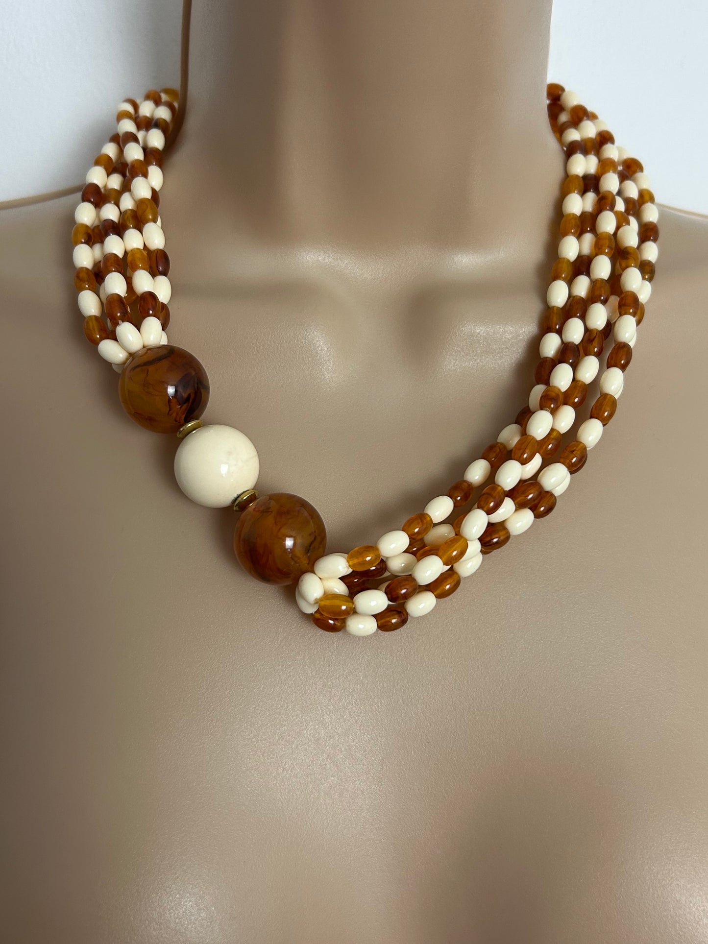 Vintage 1960s Cream & Amber Colour Plastic Bead Double Strand Necklace