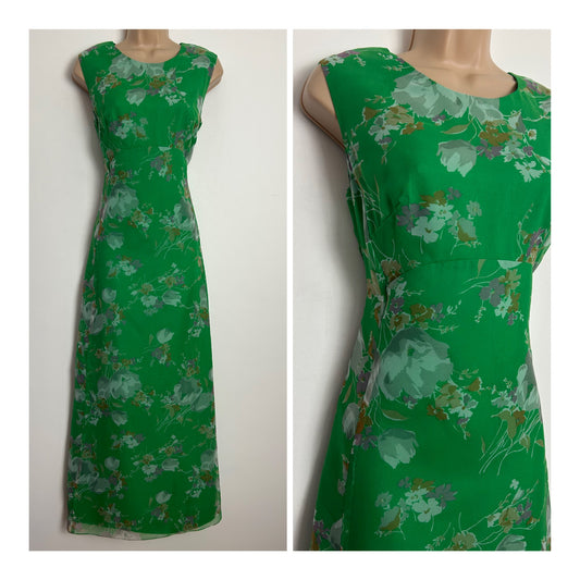 Vintage 1970s SILVERSTAR Size 8-10 Green Floral Print Sleeveless Chiffon Maxi Dress