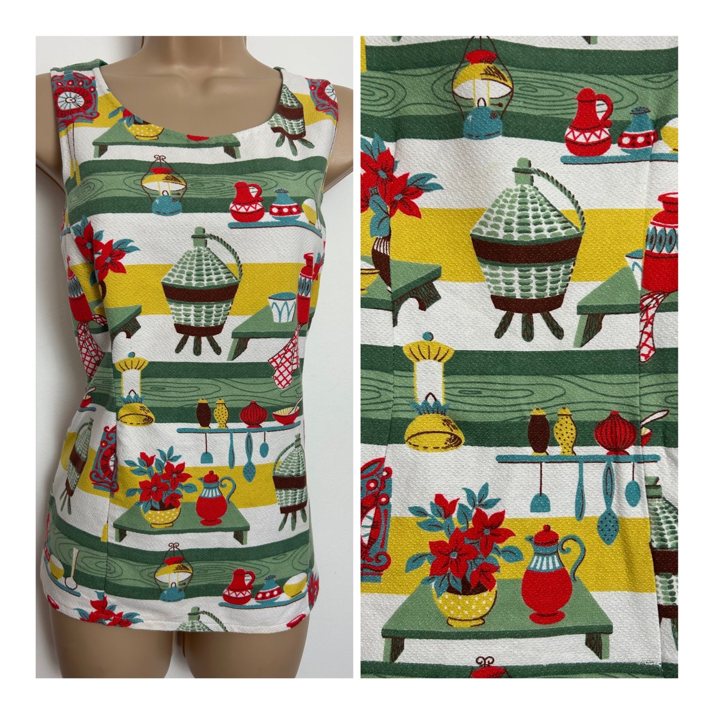Vintage 1950s 1960s Size 8 AMAZING Ideal Home Scandi Kitchen Scene Novelty Print Cotton Top