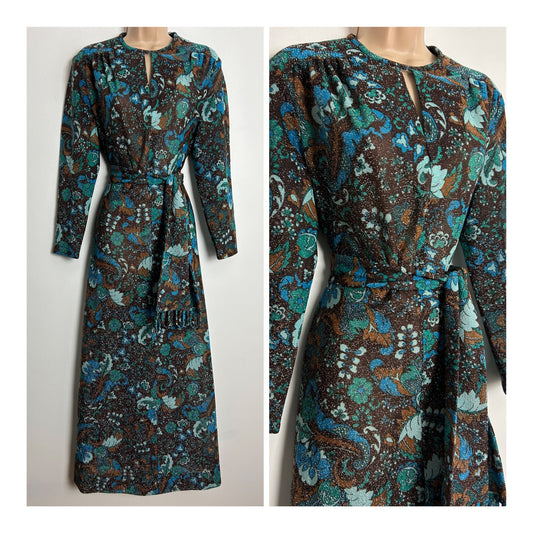 Vintage 1960s CARNEGIE OF LONDON UK Size 16-18 Brown Blue & Green Floral Print Glittery Lurex Belted Occasion Maxi Dress