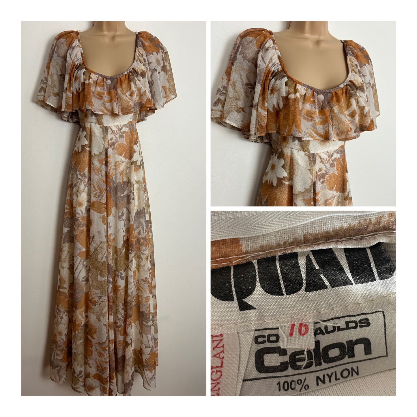 Vintage 1970s QUAD UK 12 Pretty Rusty Orange White & Brown Floral Print Cape Sleeve Boho Maxi Dress