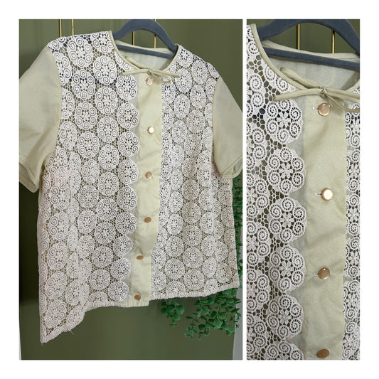 Vintage Early 1960s Size 14 Very Pale Sage Green & Cream Lace Short Sleeve Blouse/Top