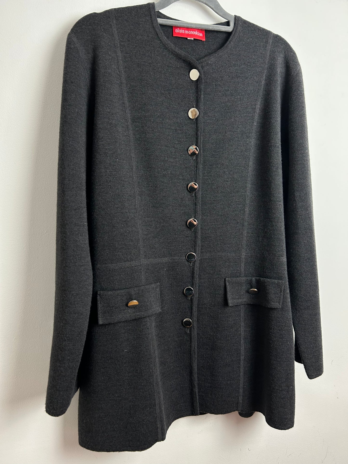 Vintage 1990s ALAIN MANOUKIAN UK Size 14-16 Grey 50% Wool Long Sleeve Cardigan