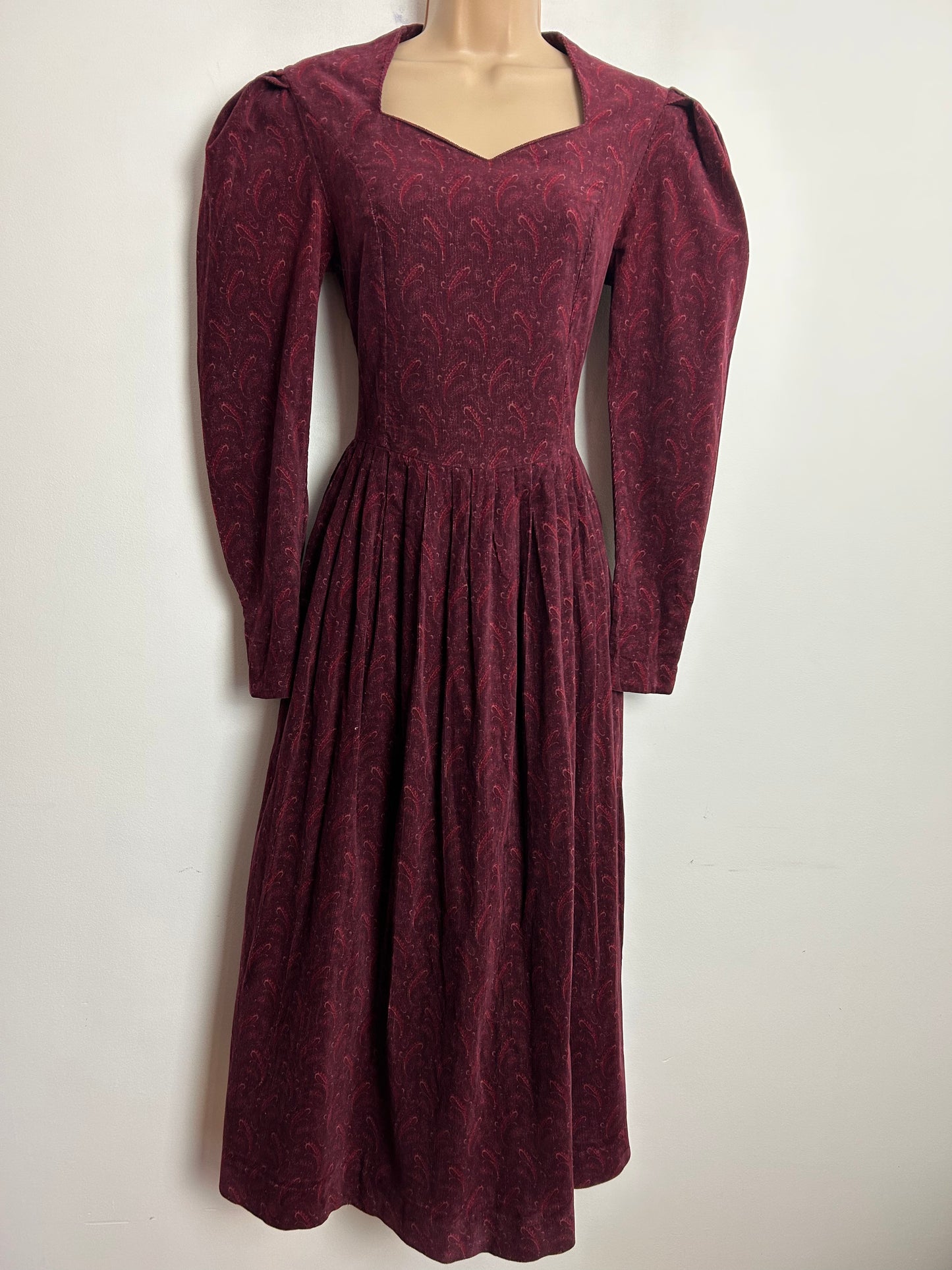 Vintage 1980s Laura Ashley UK Size 10 (12 On Label) Dark Red Floral Print 100% Cotton Needlecord  Midi Dress