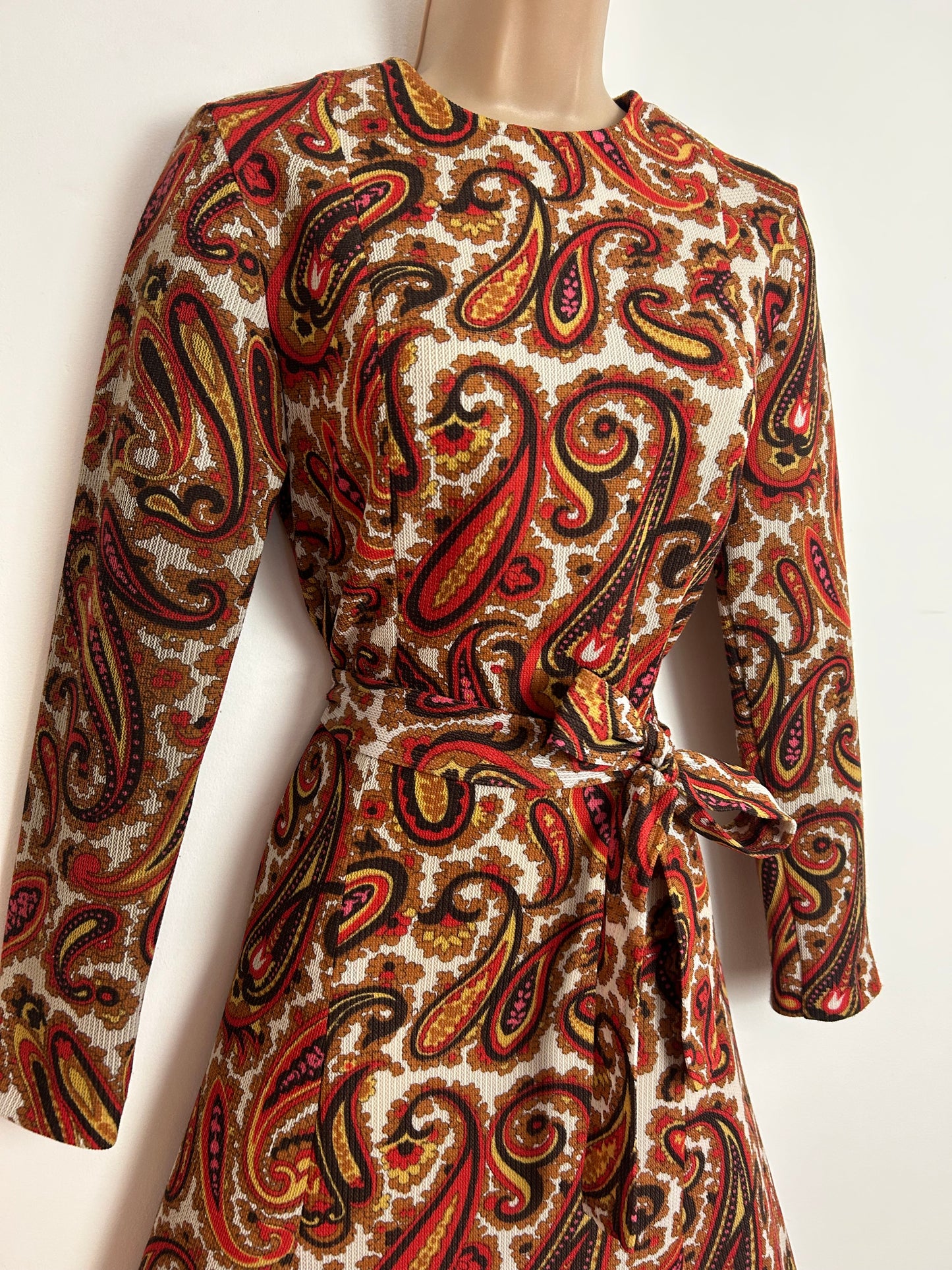 Vintage Late 1960s ST MICHAEL UK Size 10 Brown Red & Mustard Yellow Paisley Print Long Sleeve Belted Mod Dress