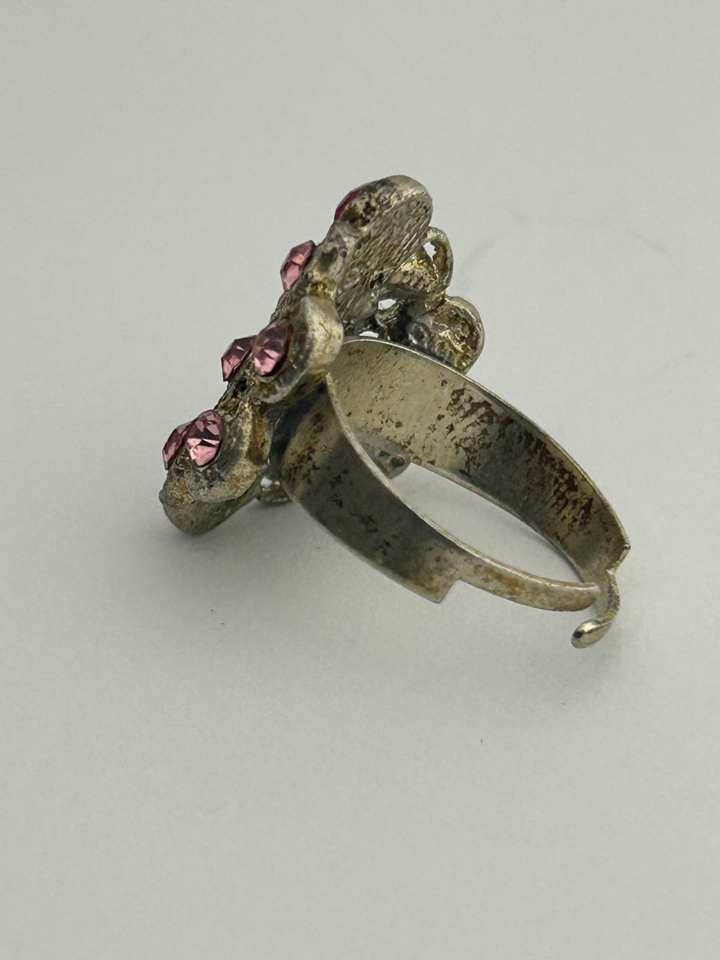 Vintage Silver Tone Metal & Purple Pink Diamante Stone Set Adjustable Ring Up To UK Size U