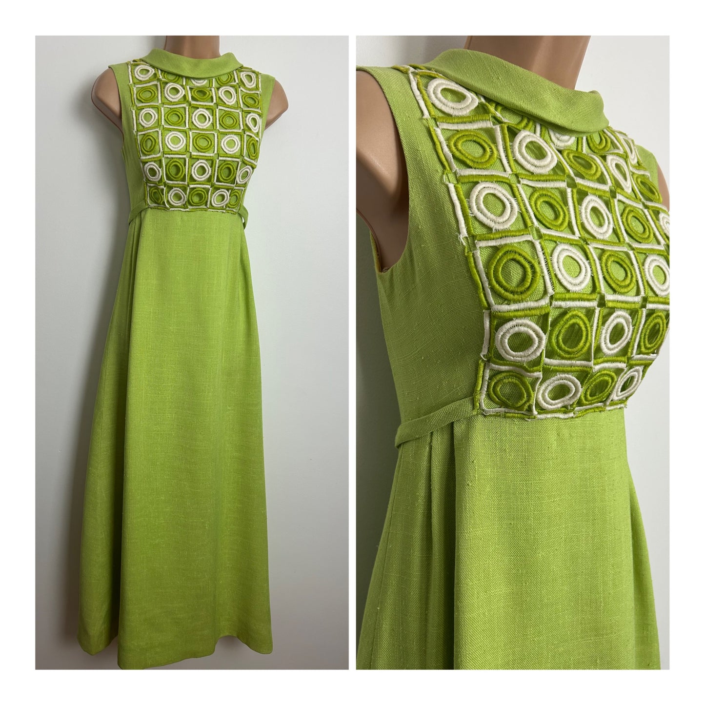 Vintage 1960s Size 6 Lime Green & White Embroidered Cut Out Panel Detail Occasion Maxi Dress