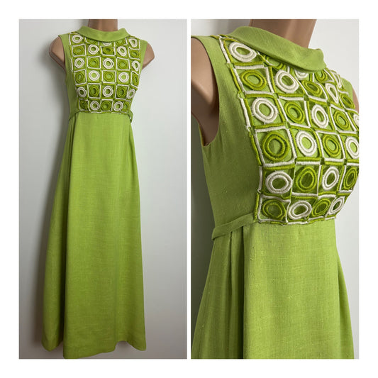 Vintage 1960s Size 6 Lime Green & White Embroidered Cut Out Panel Detail Occasion Maxi Dress