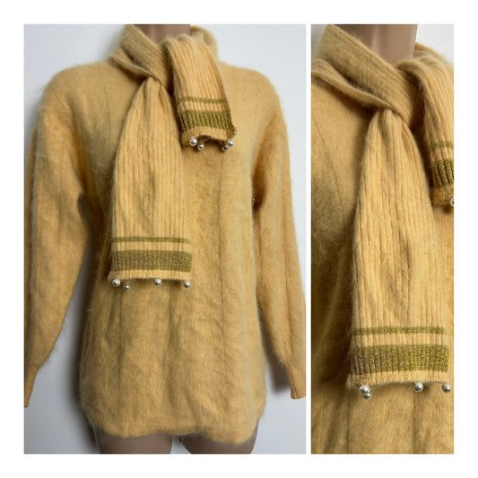 Vintage 1980s Size 12 Yellow Butterscotch Angora Mix Scarf Neck Jumper