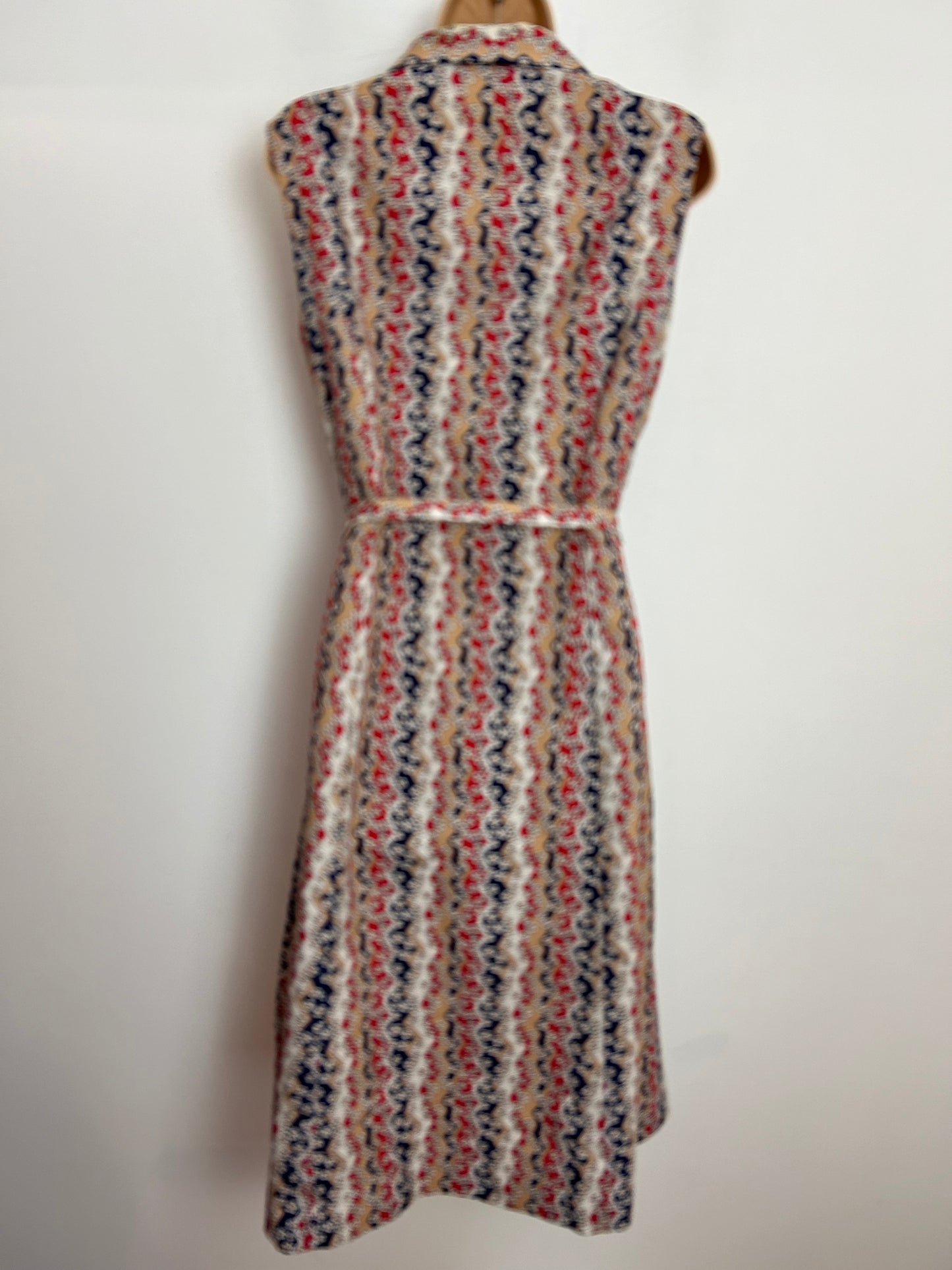 Vintage 1970s C&A UK Size 14-16 Sandy Beige Blue Red & Cream Zig Zag Stripe & Floral Print Belted Mod Dress
