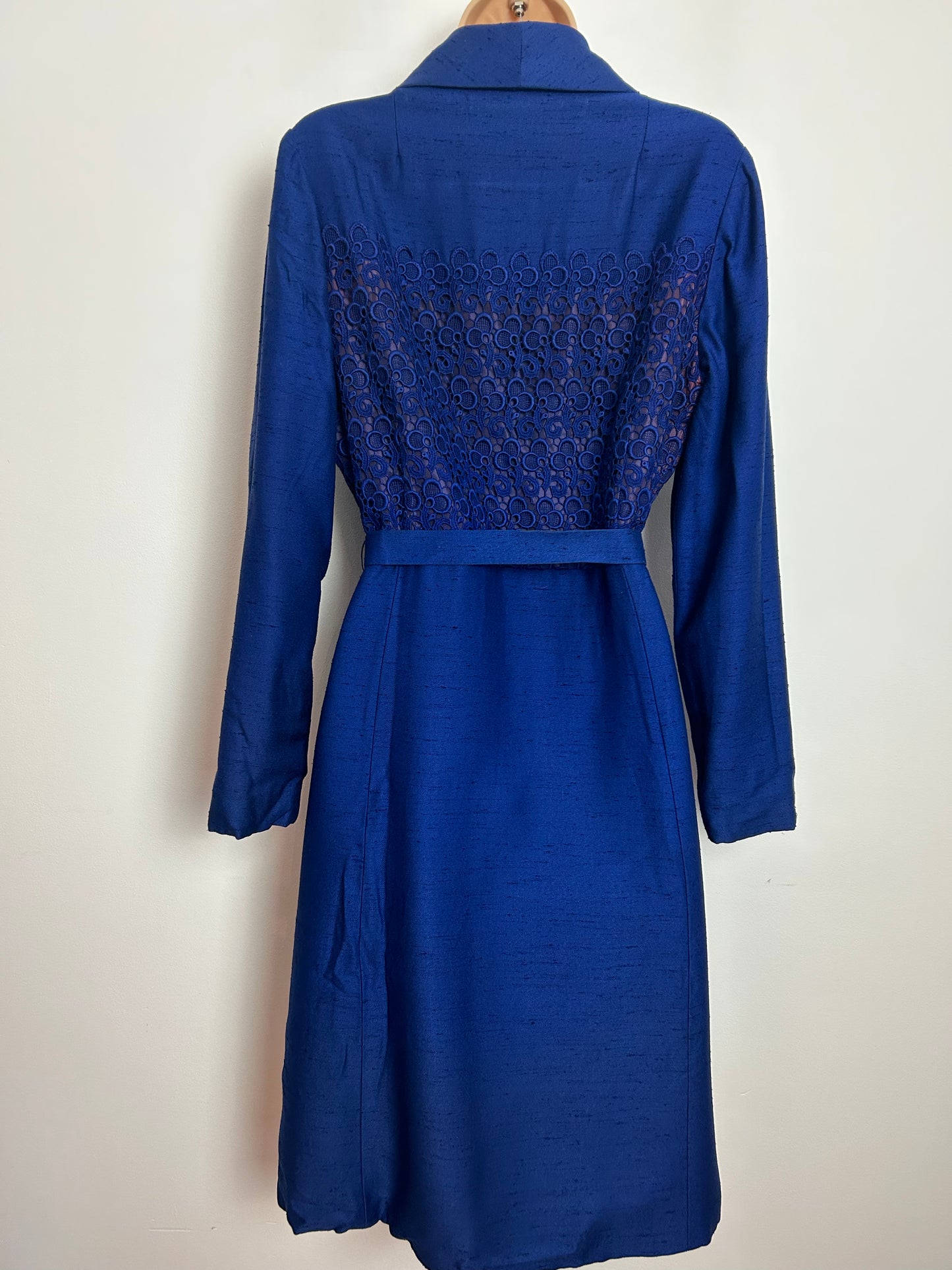 Vintage Late 1940s ELKA COUTURE UK Size 12-14 Royal Blue Guipure Lace Bodice Belted Long Sleeve Coat Style Dress