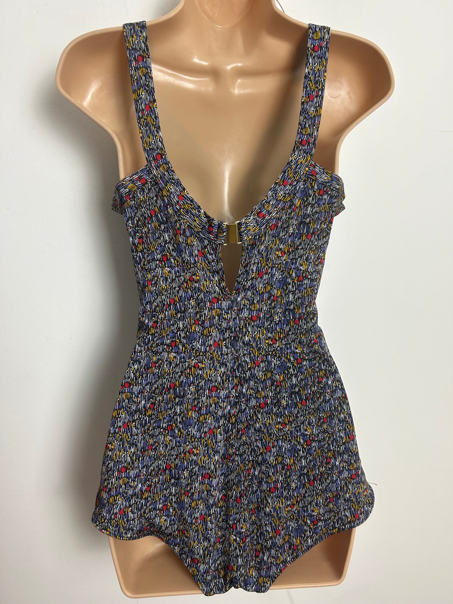 Vintage 1960s ANITA Size 14-16 Black Blue Red & Yellow Abstract Print Moulded Cup Skirted Swimsuit