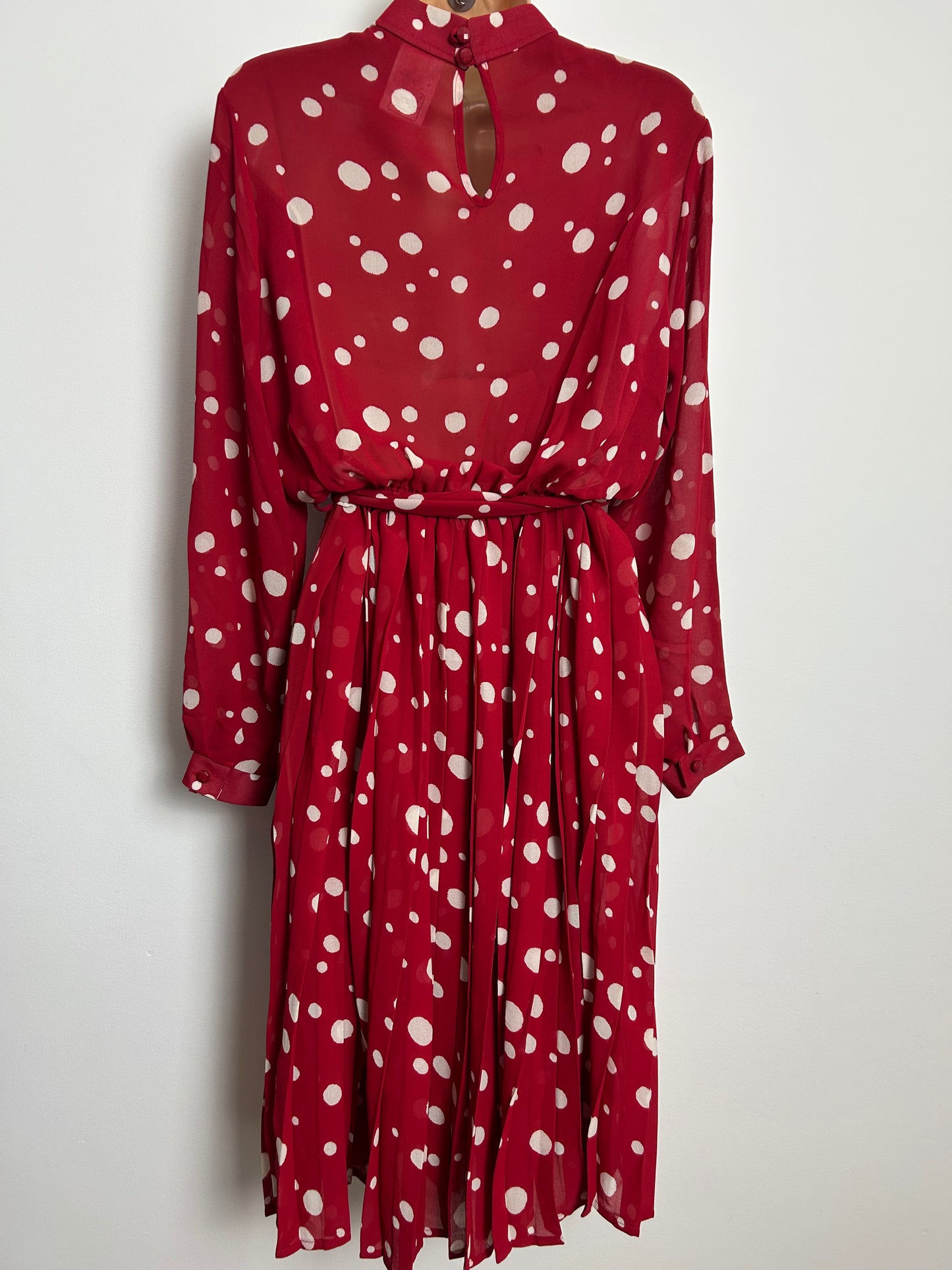 Vintage Early 1980s ST MICHAEL Size 12 Red & White Polka Dot Spot Print Belted Pleated Dress