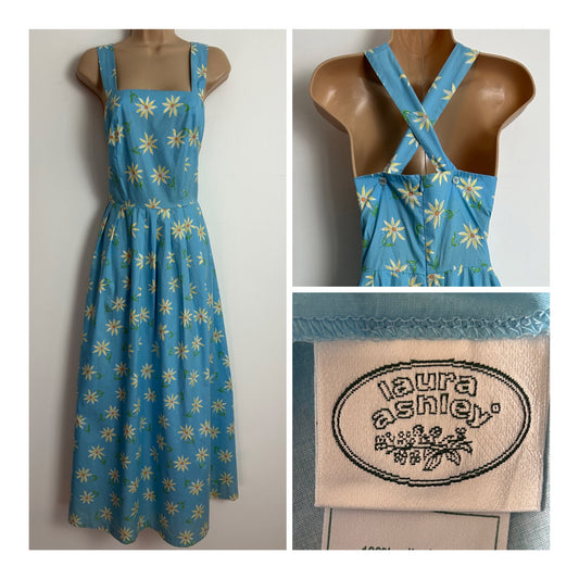 Vintage 1980s LAURA ASHLEY Size 14 Pretty Blue & Yellow Floral Cross Strap Summer Maxi Dress
