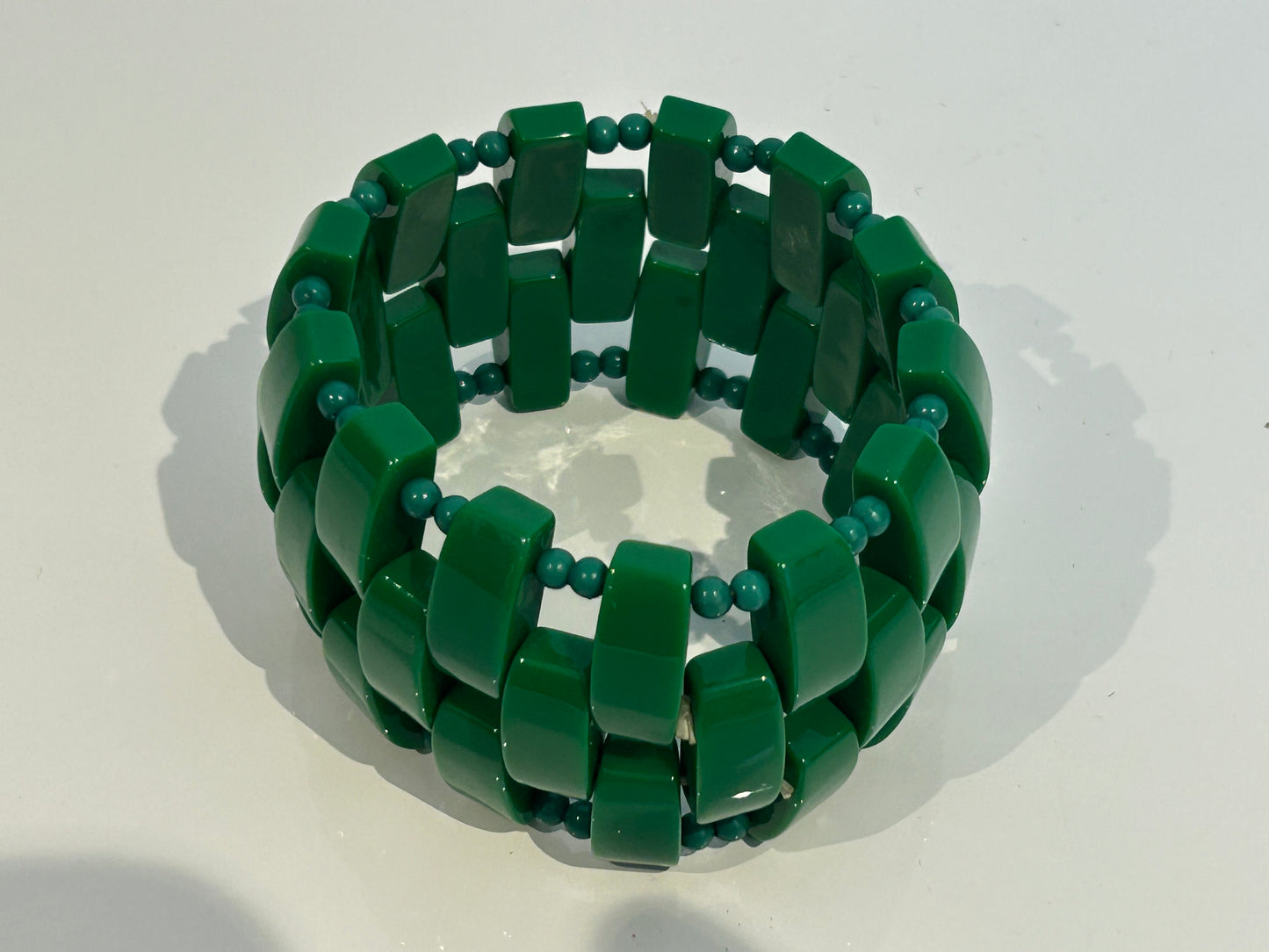 Vintage Dark Green Plastic Bead Wide Stretchy Elasticated Bracelet
