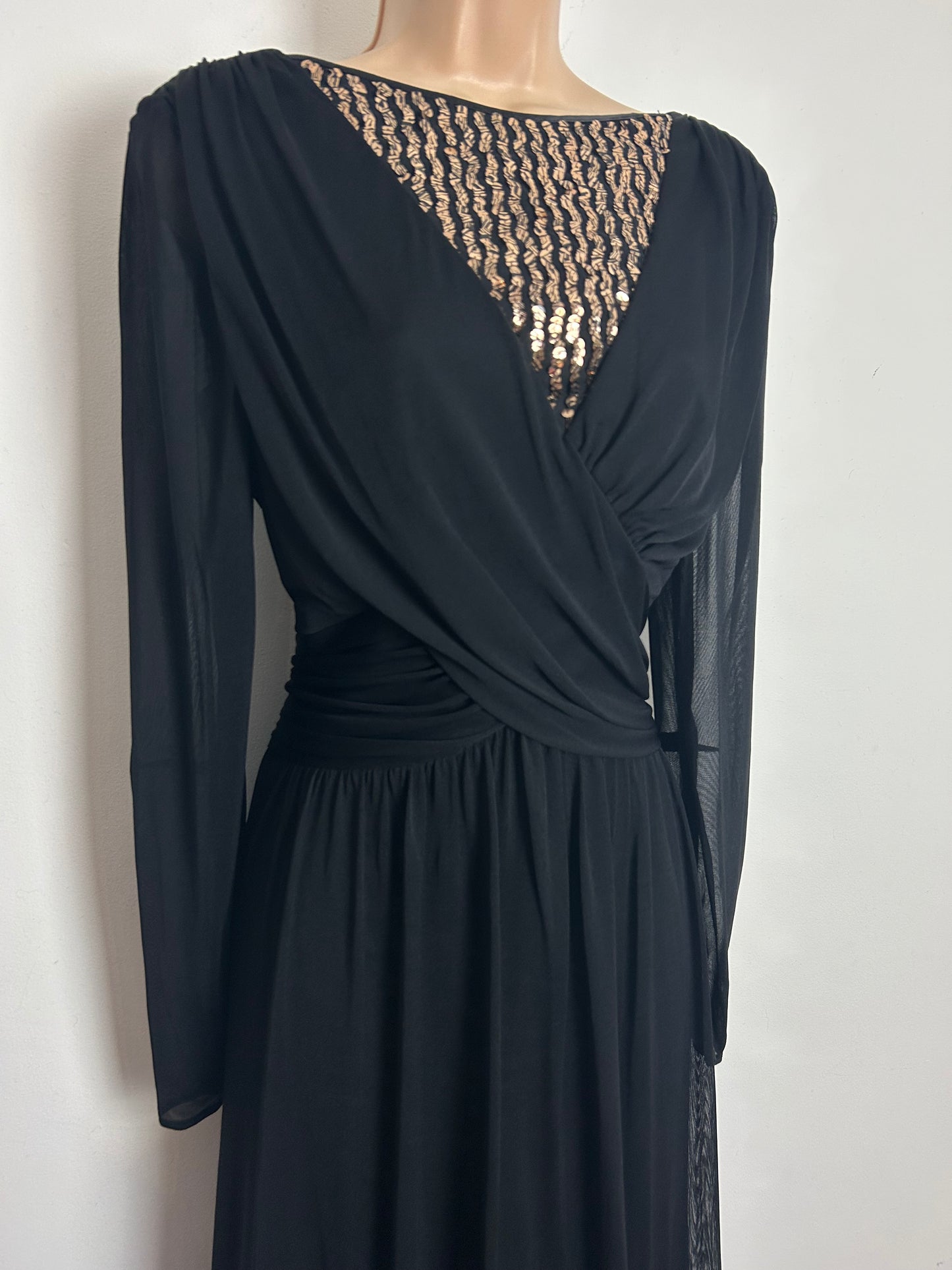 Vintage Late 1970s Size 10-12 Black & Gold Sequin Embellished Evening Occasion Maxi Dress