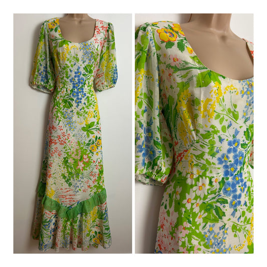 Vintage 1970s CRESTA COUTURE UK Size 10 White Green Yellow & Blue Floral Print Cotton Mix Summer Maxi Dress