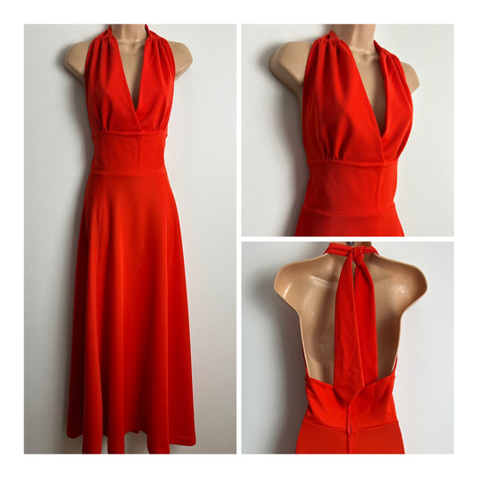 Vintage 1970s Size 6-8 Red Halter Neck Open Backed Maxi Dress