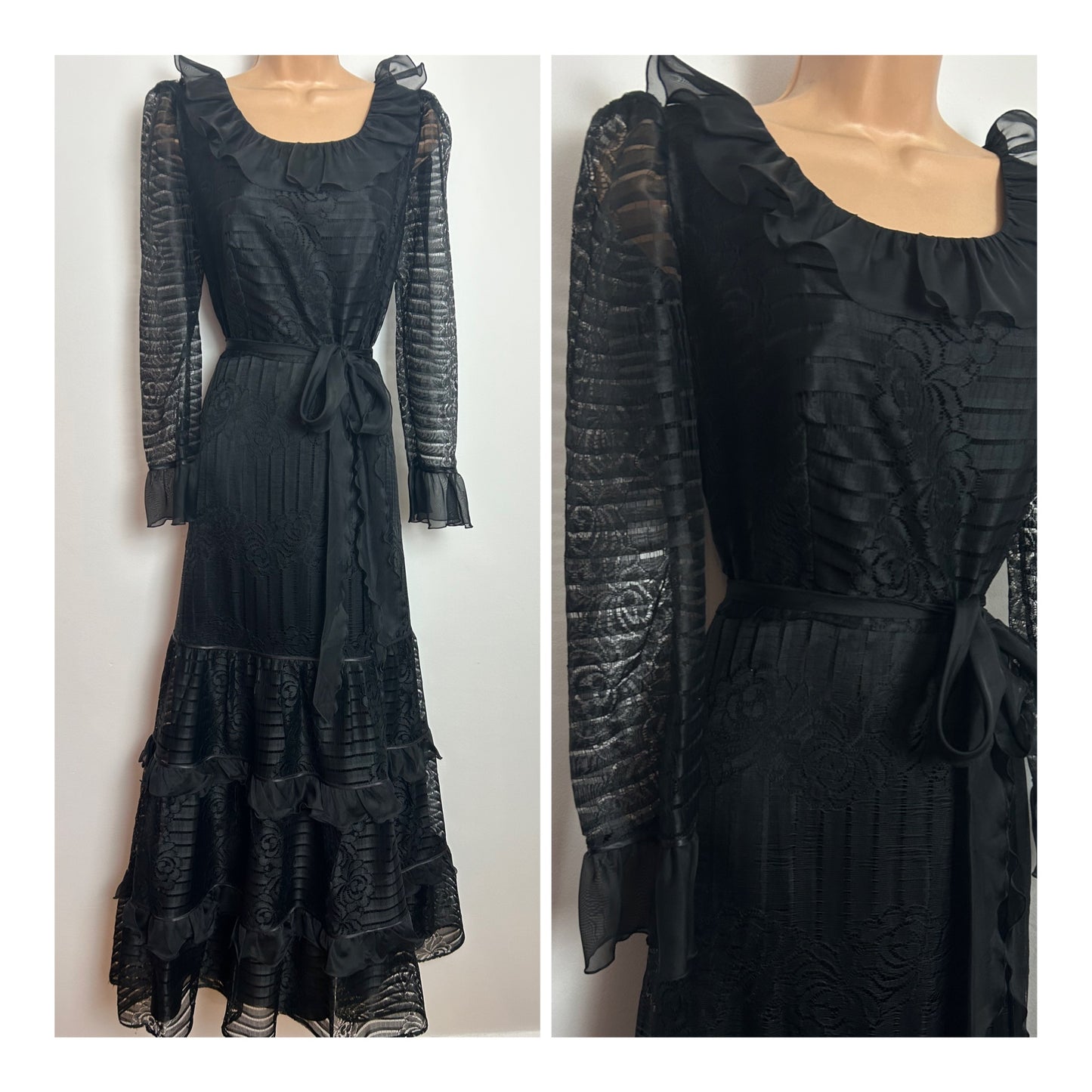 Vintage Early 1980s Size 12 Black Lace Long Sleeve Gothic Vibes Belted Prairie Maxi Dress