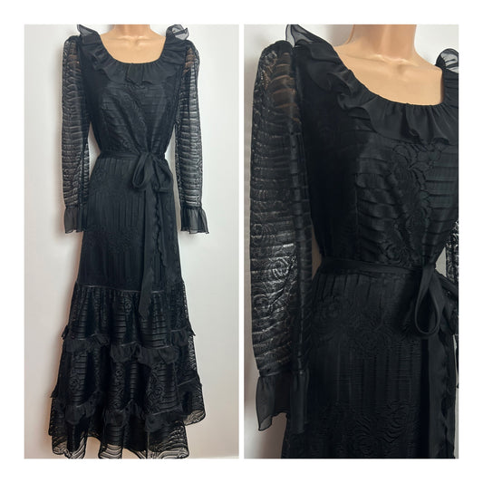Vintage Early 1980s Size 12 Black Lace Long Sleeve Gothic Vibes Belted Prairie Maxi Dress