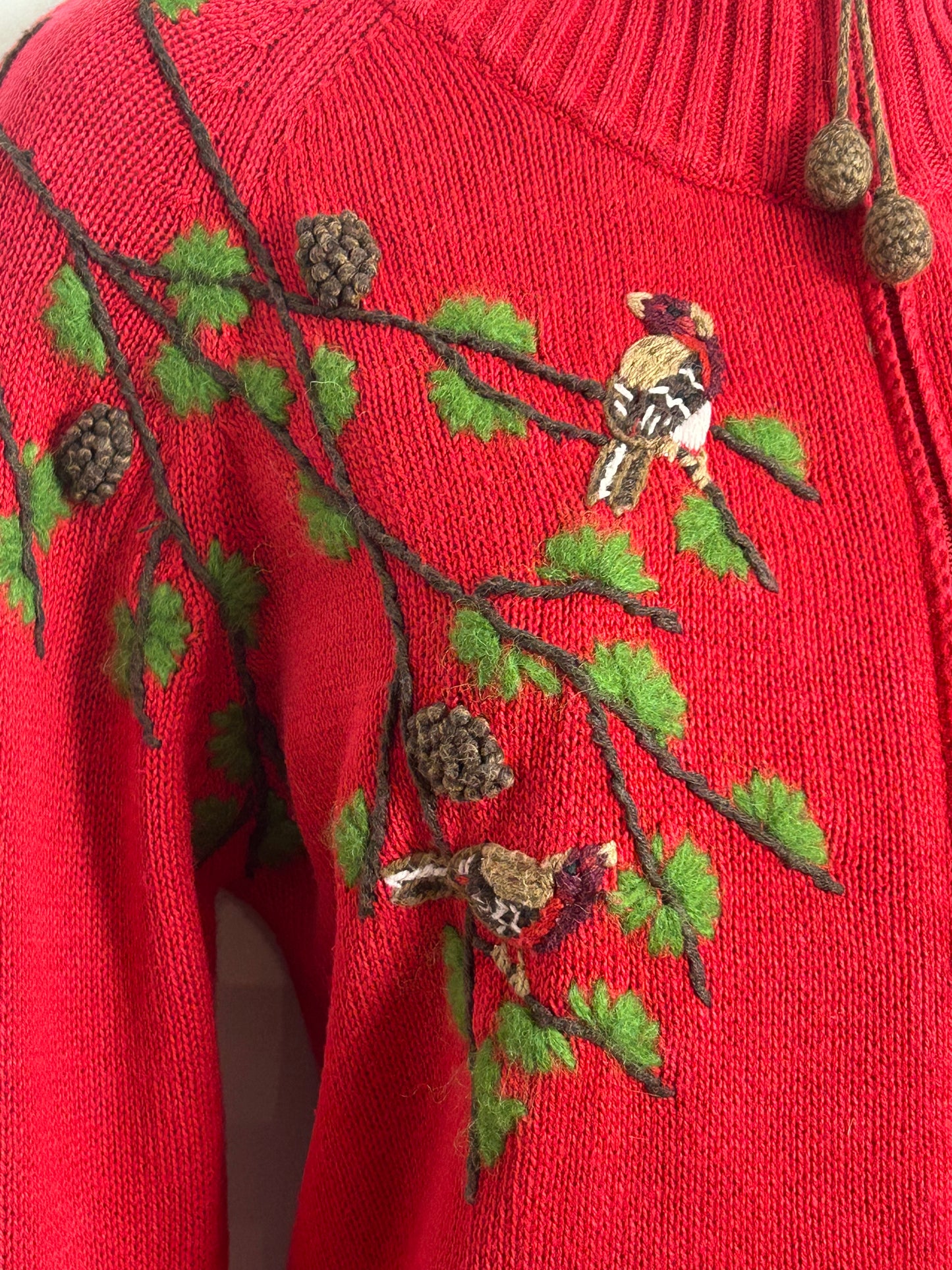 Vintage COLDWATER CREEK Size M Up To 12 Red Cotton Mid Embroidered Bird Woodland Cardigan
