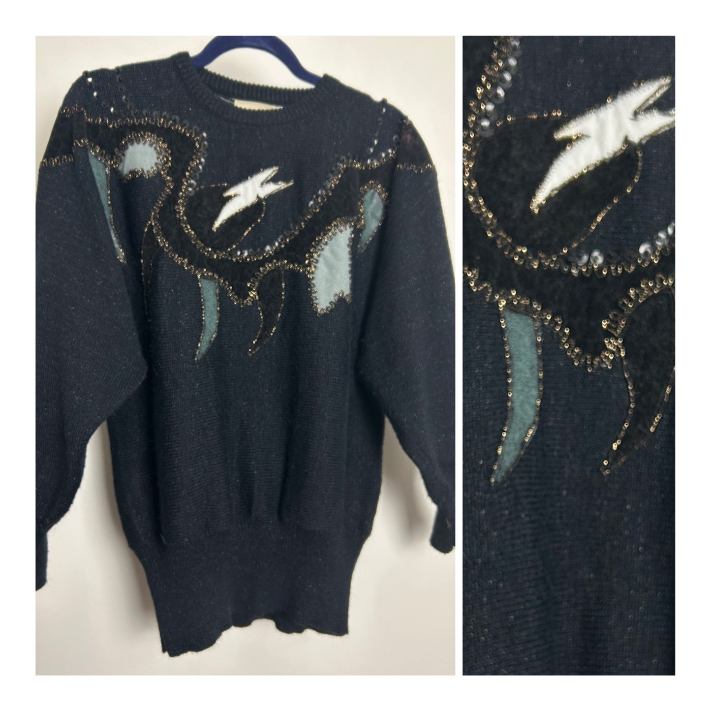 Vintage 1980s SERGIO RICO Size 12-14 Black Braid & Applique Detail Long Sleeve Slouchy Jumper