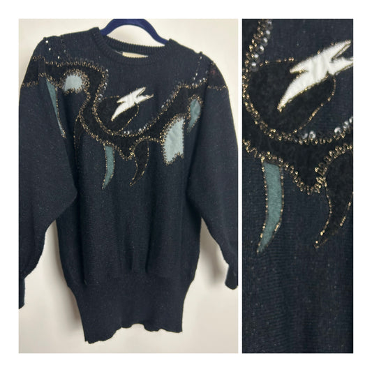 Vintage 1980s SERGIO RICO Size 12-14 Black Braid & Applique Detail Long Sleeve Slouchy Jumper