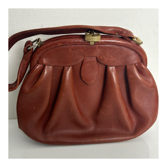Vintage 50s 60s Chestnut Brown Leather Small Top Handle Handbag
