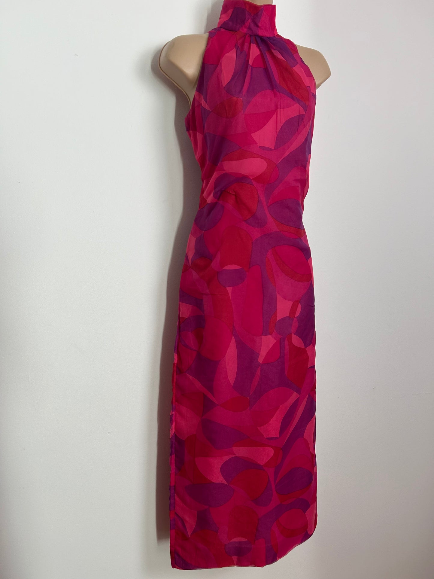 Vintage 1970s Size 10 Pink Tones Abstract Geo Print Sleeveless Midi Occasion Dress