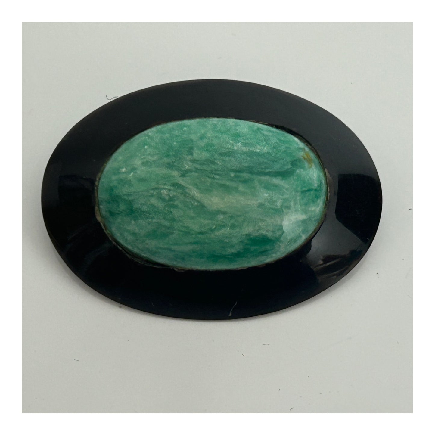 Vintage Homemade Black & Green Marble Effect Plastic Oval Shape Pin Brooch