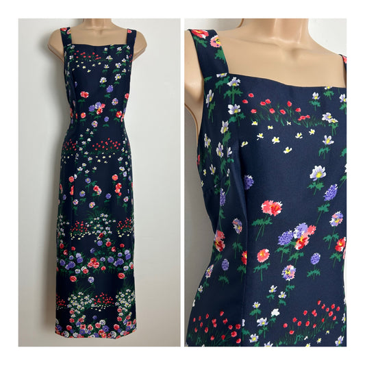 Vintage 1970s Size 12 Pretty Navy Blue Lilac & Red Floral Print Maxi Dress