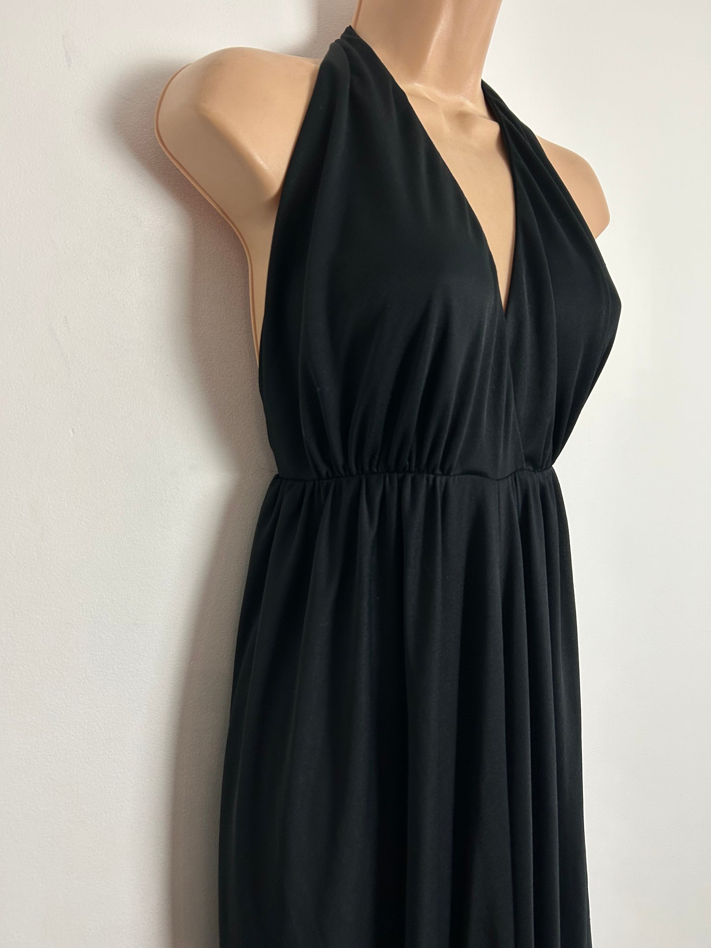 Vintage Late 1970s SHUBETTE UK Size 10-12 Black Halter Neck Open Back Layered Evening Occasion Jumpsuit