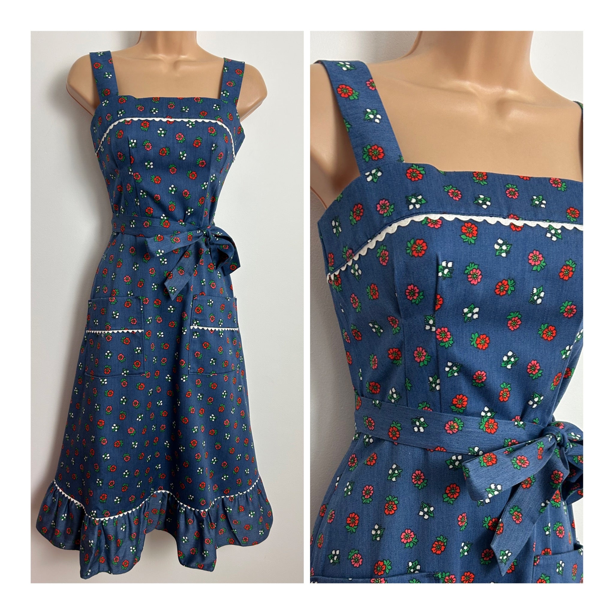 Vintage 1970s Size 6 Dark Blue & Red Floral Print Ric Rac Trim Belted ...