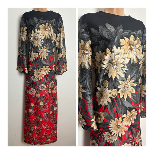 Vintage 1970s LILIAN QUAYLE Size 14 Black Grey Beige & Red Floral Print Long Sleeve Kaftan Style Maxi Dress