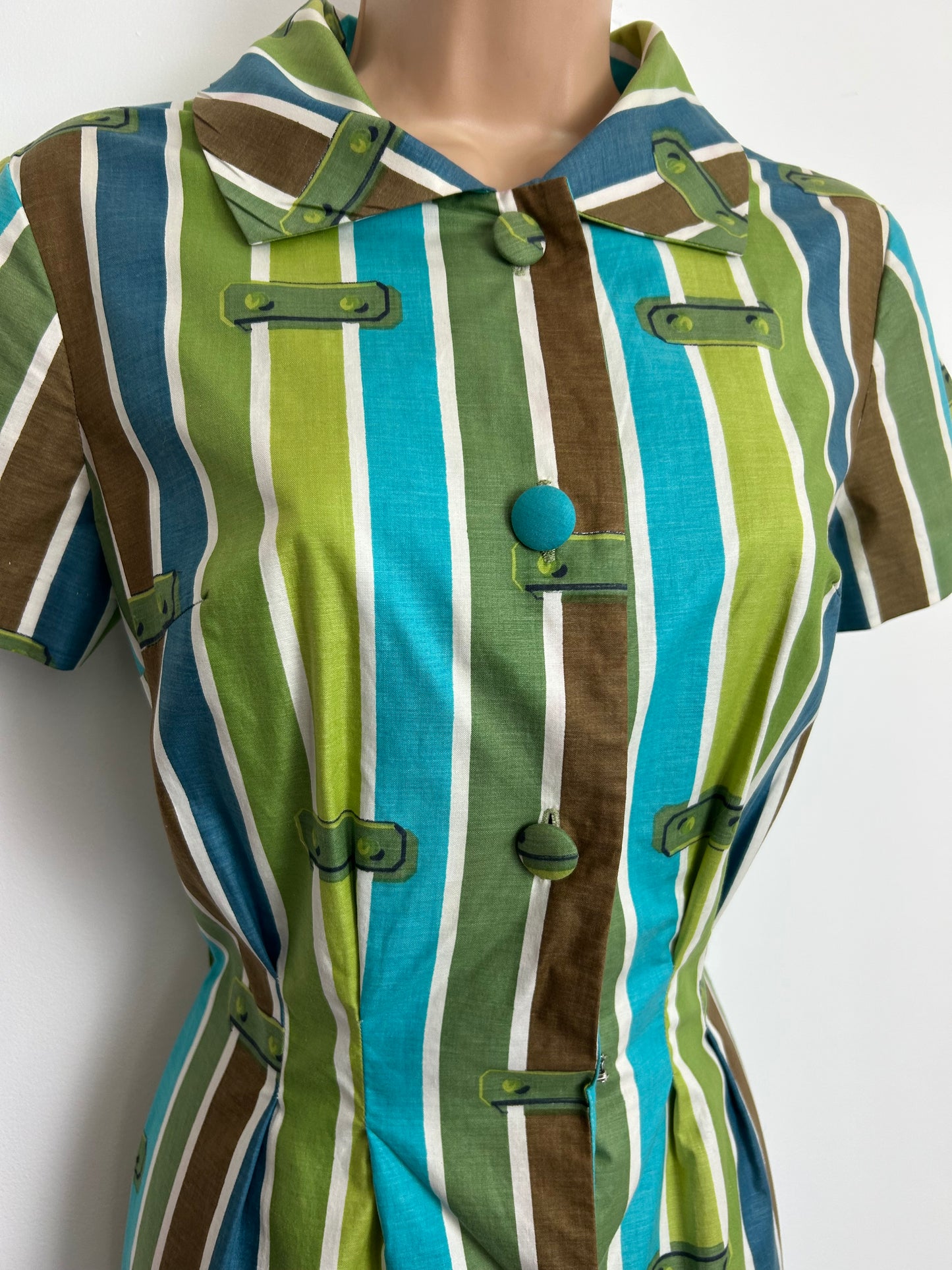 Vintage Early 1960s GLOBAL STYLED BY PARIS Size 8 Green & Brown Tones Stripe Print Cotton Fitted Day Dress