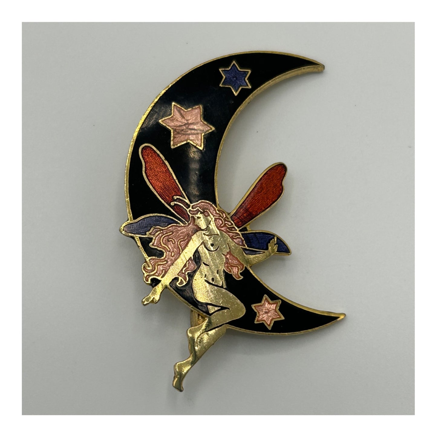 Vintage Gold Tone & Cloisonne Enamel Fairy On The Moon Pin Brooch