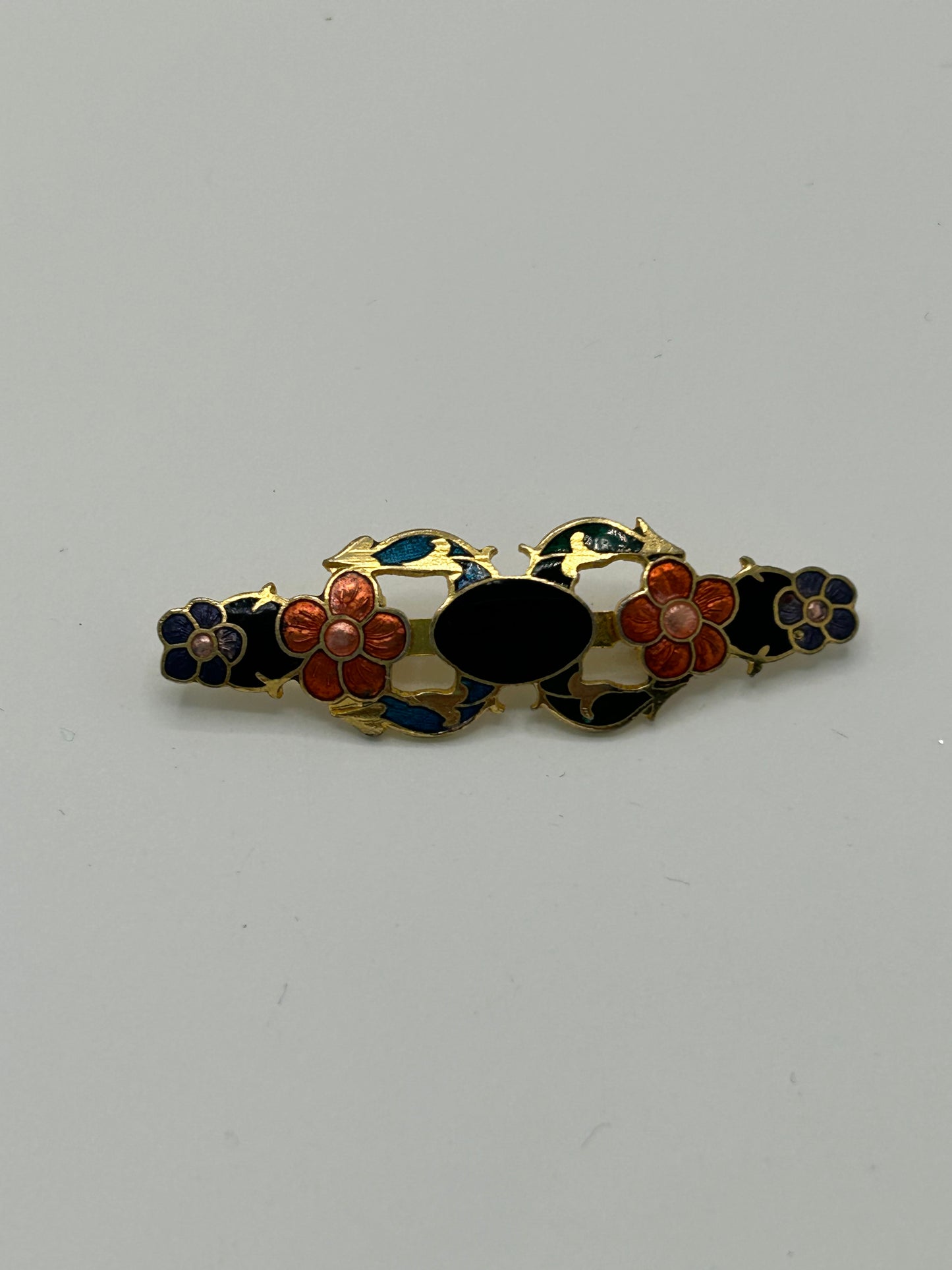 Vintage Gold Tone & Cloisonne Enamel Cutwork Bar Brooch