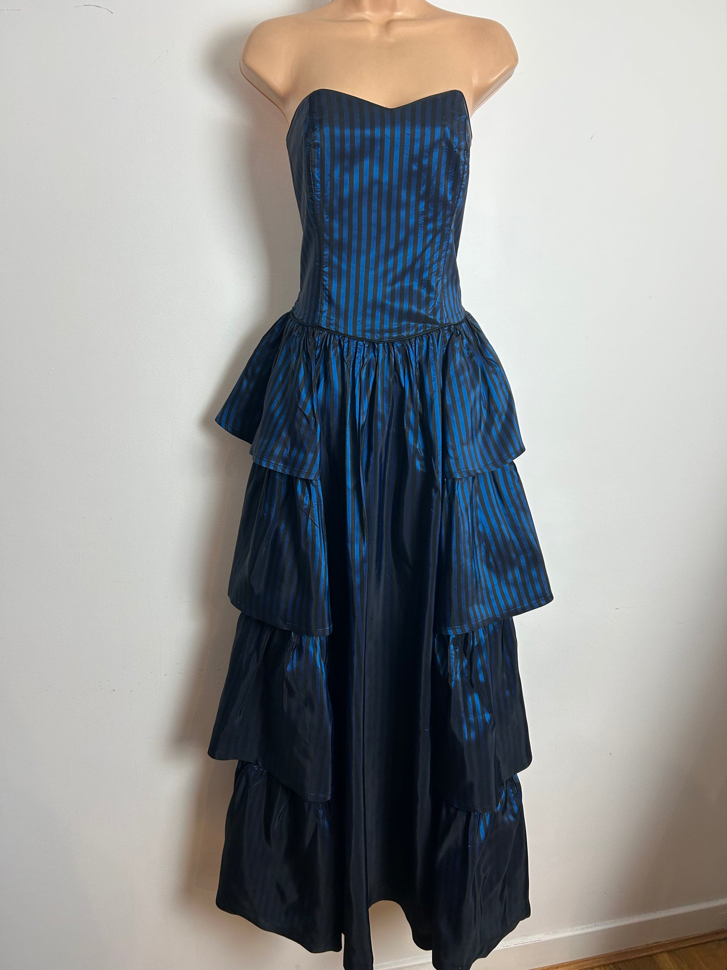 Vintage 1980s LAURA ASHLEY UK Size 10 (Size 14 On Label) Strapless Blue & Black Stripe Tiered Full Length Ballgown
